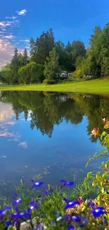 Serene lake with forest and flowers in vibrant colors.