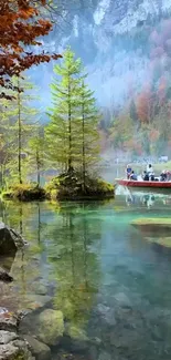 Tranquil lake with autumn forest and boat, perfect for mobile wallpaper.