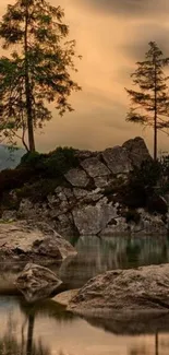 Serene island with trees and sunset reflection.