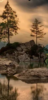 Tranquil sunset over a rocky island with trees reflecting in a peaceful lake.