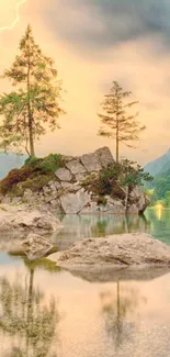 Serene lake island with trees and reflections in soft light.