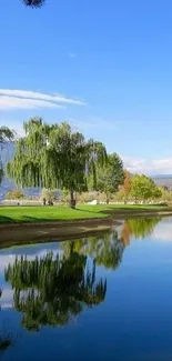 Serene lake with trees under a blue sky.