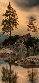 Serene lake with rocks and trees under a dramatic sky with lightning.