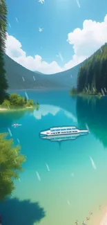 Serene lake with boat and green forest under blue skies.