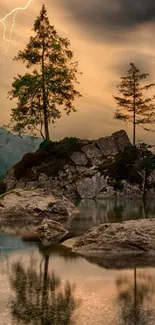 Serene lake landscape with trees and lightning.