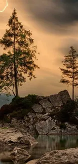 Trees on a rocky island with lightning in the sky.