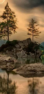 Serene lake with lightning under a dramatic sky.