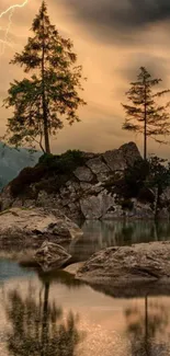 Serene lake scene with lightning at sunset, reflecting trees.