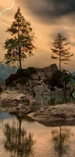 Serene lake with trees and lightning in a picturesque landscape.