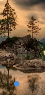 Peaceful lake with lightning strike and reflection.