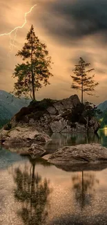 Serene lakeside landscape with rocky island and lightning.