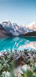 Serene lake with mountains and frosted plants in the foreground.