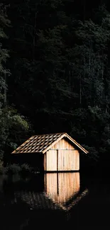 Wooden hut reflecting on a serene lake in a forest.