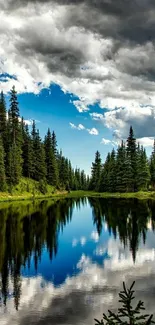 Tranquil lake reflecting sky, surrounded by pine trees.