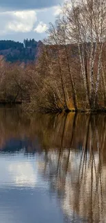 Serene lake with trees reflecting on calm water, under a cloudy sky.