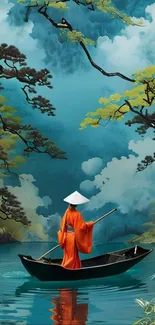 Person in orange robe boating on a serene lake.