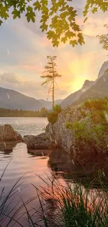 Serene sunrise over a tranquil lake with lush greenery and mountains.