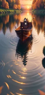 A wooden boat on a peaceful lake during sunset with reflections and orange hues.