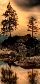 Scenic lake wallpaper with sunset, trees, and lightning.