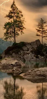 Peaceful sunset over lake with reflections and tall trees.