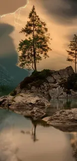 Sunset lake view with trees and rocky reflections.