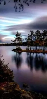 Serene lake at sunset with tree silhouettes and calm water reflections.