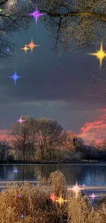 Serene lake at sunset with trees and vibrant sky.