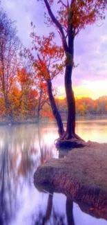 Tranquil lake at sunset with autumn trees reflected.