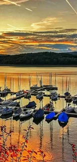 Serene sunset over a lake with calm boats and vibrant reflections