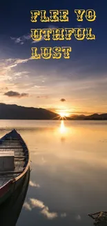 A scenic lake at sunset with a boat and golden sky, ideal for mobile wallpaper.