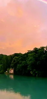 Serene lake with a rainbow and lush greenery.