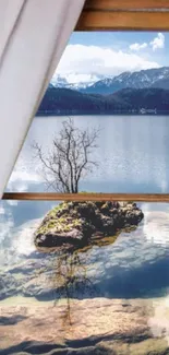 Peaceful lake and mountains viewed through a rustic window.