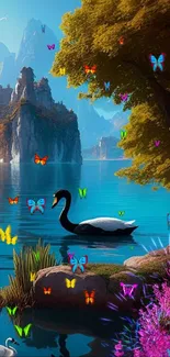 Black swan on a serene lake with vibrant scenery.