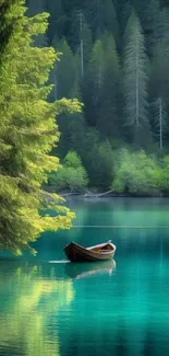 Calm teal lake with a solitary boat and lush forest backdrop.