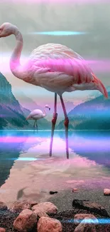 Pink flamingos stand gracefully in a serene lake surrounded by mountains.