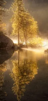 Golden trees reflecting in a misty lake at sunrise.