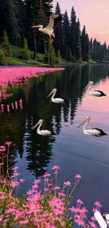 Pink flowers and herons by a serene lake at sunset.