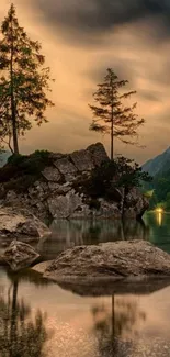 Serene lake with trees and lightning in evening glow.