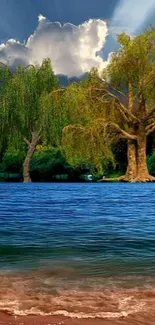 Mobile wallpaper of a serene lake with trees and clouds.