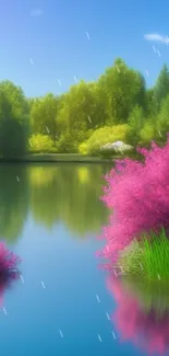 Serene lake scene with pink flowers and blue sky.