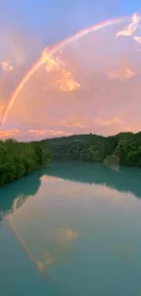 Rainbow reflecting over a tranquil lake.