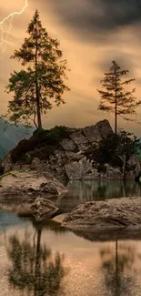 Twilight lakeside with trees and lightning reflection.