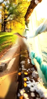 Serene lakeside view with autumn leaves and sunlight.