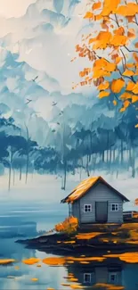 Lakeside cottage with autumn trees and serene waters.