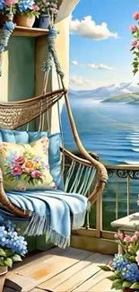 Scenic balcony with hammock by the lake and mountains.