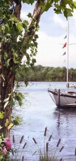 Serene boat docked on a tranquil lake with lush trees and calm waters.