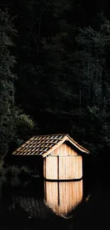 Lakeside cabin glowing softly at night.