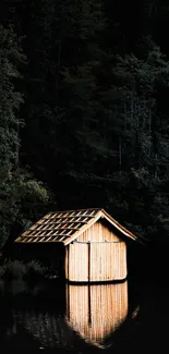 Wooden cabin reflecting on lake surrounded by dark forest at night.