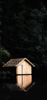 Rustic cabin reflecting on a still lake amidst a dark, lush forest.