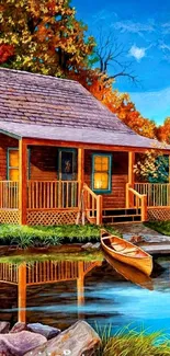 Lakeside cabin with autumn leaves and a calm blue sky.